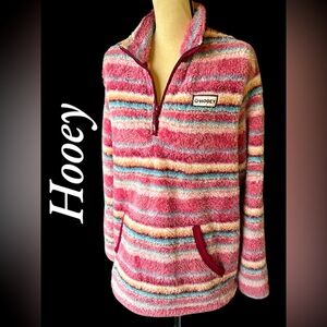 Hooey-medium ladies 1/4 zip fleece pullover pink/blue stripe. Hand pockets. EUC!